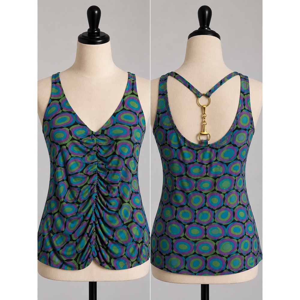 Bisou Bisou Michele Bohbot Tank Top XL Retro Ruched Horsebit Hardware‎ V neck